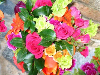 bridesmaid (roses, gerberas, bells of ireland, camellia, tulips)