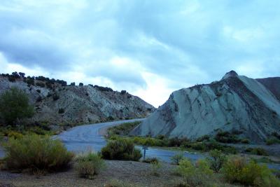 road up to dinosaur in rainy twilight