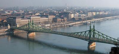 Szabadsg Hd (Freedom Bridge), as seen from a Gellrt Hill viewpoint (Budapest, Hungary)