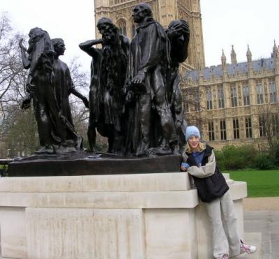 Julie and a Rodin sculpture beside Parliament building