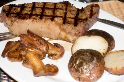 steak, wild mushrooms, pan roasted potatoes
