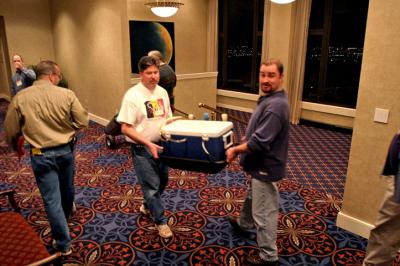 At the end of the reception, homebrews and equipment are relocated to a hospitality suite for further analysis.