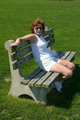 Charlotte on a park bench at Ocean Park in Oak Bluffs, Martha's Vineyard.
