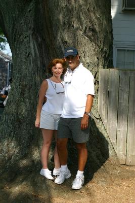 Charlotte and I in front of the tree in Edgartown, Martha's Vineyard.