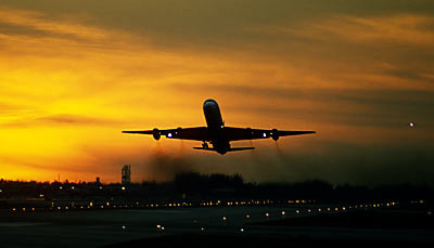 DC8 takeoff sunset aviation stock photo #SS0107