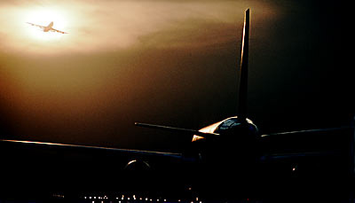 B747/B757 takeoff sunset aviation stock photo #SS9712