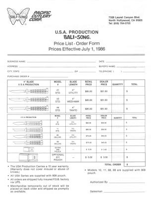 1986 Price List production