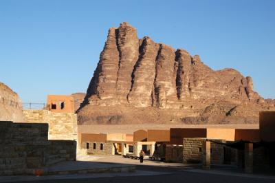 The Seven Pillars of Wisdom looking over the new Visitors Center, Wadi Rum