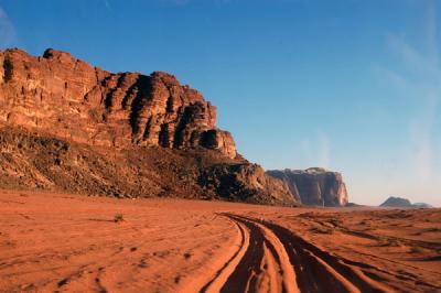 Heading out on a sandy track from the village deeper into Wadi Rum
