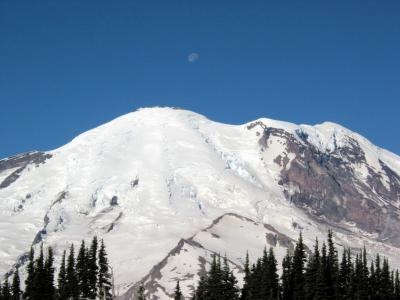 Rainier with Moon at Sunrise from Sunrise