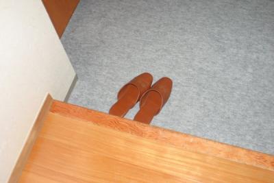 The slippers are used for walking around inside the ryokan, but not on the tatami mats. These slippers were placed in the alcove in the entrance to the room. They were just below the wooden landing that lead to the actual room part. The shower was on one side of the landing and the toilet on the other side. There was a door (Shoji - sliding paper door) to the room part. The shower and toilet had Western style doors with knobs.