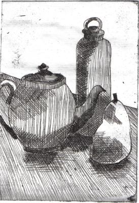 teapot bottle and pear