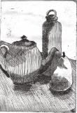 teapot bottle and pear