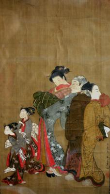 Japanese Scroll on Silk - A Lady, Children &  Attendants, 17-18th century,  23x13 inches