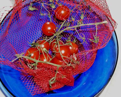 cherry tomatoes in blue bowl