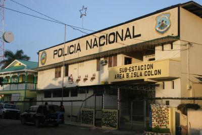 Bocas police station notice the Xmas decorations