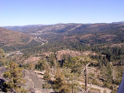 Looking east from Cisco Butte, the east and west lanes of I-80 can be seen. Part of the railroad right-of-way can be seen to the right of the freeway.