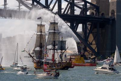 Bounty with fireboat at Harbour Bridge