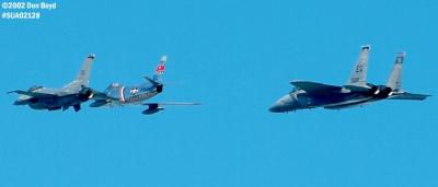 Heritage Flight of Ed Shipley's F-86 Sabre leading USAF F-15C and  F-16C military aviation air show stock photo