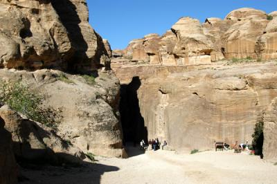 The entrance to the 1.2 km long Siq, a narrow cleft formed by the moutain splitting