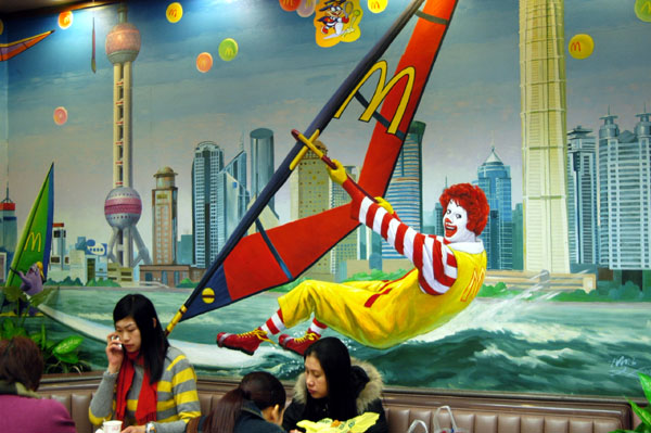 Ronald McDonald windsurfing the Huangpu River, Shanghai