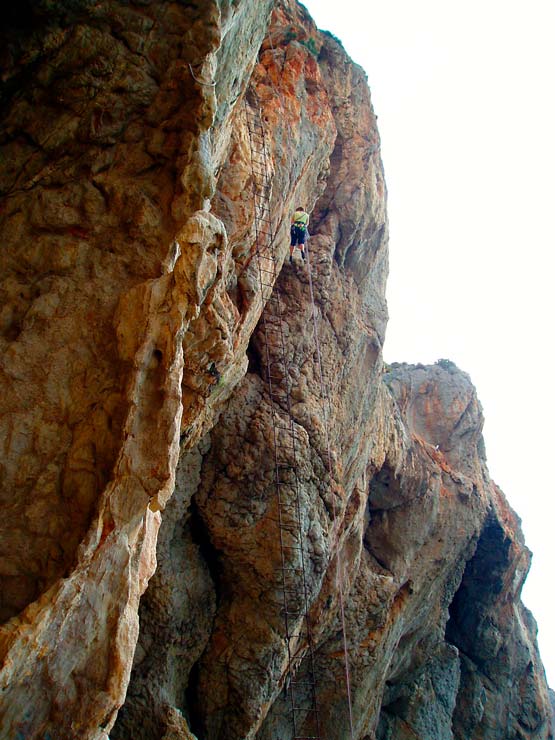 2005 Costa Blanca- Scary abseil down the sea cliff to the foot of the climb 'Magical mystery tour'