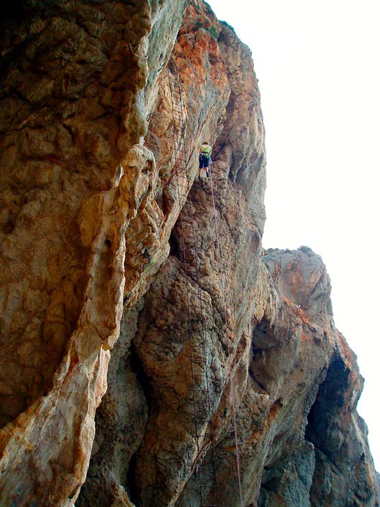 2005 Costa Blanca- Scary abseil down the sea cliff to the foot of the climb Magical mystery tour