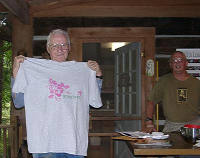 Tom Corley, John Brown; with Tom showing his thank you shirt