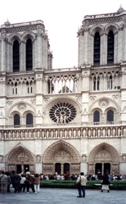 The facade of the Cathedral of Notre Dame. Built from 1100's to 1300's (Gothic).