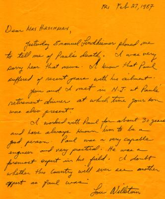 Letter to Hilda (Richard's mother) about Paul (Richard's father ) as a civil engineer  - written after Paul's death (1987)