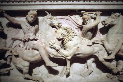 Alexander Sarcophagus lion hunt detail