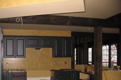 The kitchen cabinets came in - Evergreen/Cranberry rub!