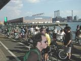 The group stops along the East Side Bikeway in order to enjoy the view