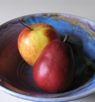 Apple & pear in blue bowl