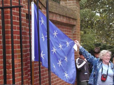 Gertrude Schmidt showing old-world style flag at Mount Vernon