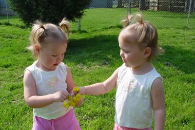 Sharing flowers with Rory (on right)