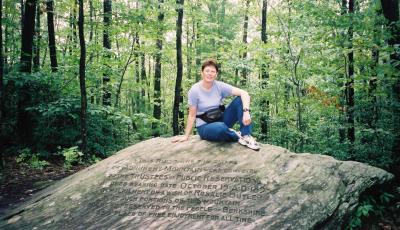The Monument Mountain trail was far too steep to bring the bikes, so this was was a hiking day, not a biking day out.
Here I am sitting on top of the rock that commemorates Rosalie Butler, the lady who the trail was created in memory of.