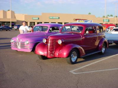 purple Coupe and 38 Chevy
