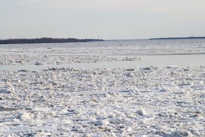 Field of broken ice stretching towards the hydro lines crossing the river