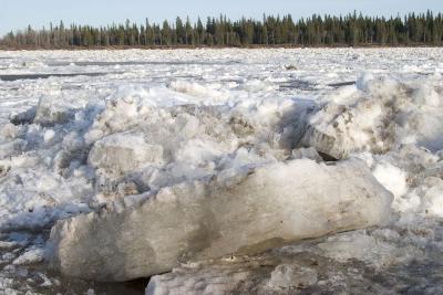 Ice piled up along the shore