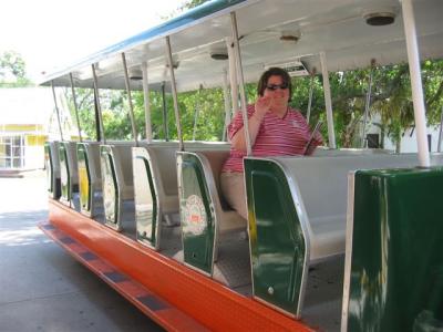 Lori getting ready to take a trolly ride