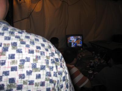 In the tent that had the huge margaritas they had a satellite dish and receiver to watch the Houston vs Dallas game