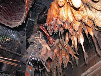 Dried good hanging from the ceiling.