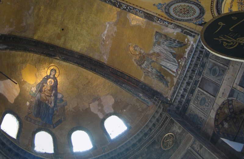 A closer look at the blue garment and glass mosaic