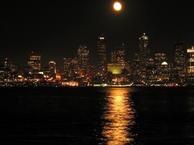 Skyline from Alki with Extra Full Moon