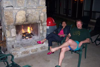 Fred & Diane at the outdoor fireplace at the River Inn