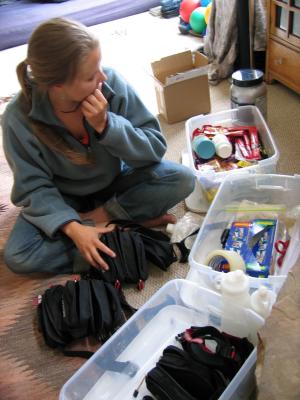 DAY BEFORE THE RACE<br>Leah organizing the supplies</br>