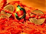 Red rope, silk knot and coins