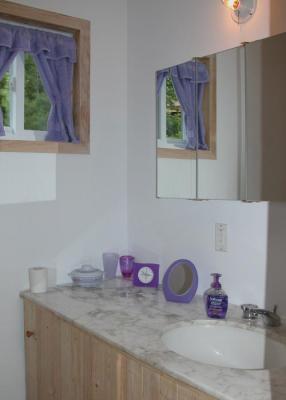 And a cute very small purple bathroom!