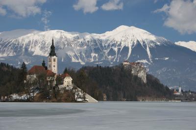 Lake Bled with Bled Island and Church of Assumption in front